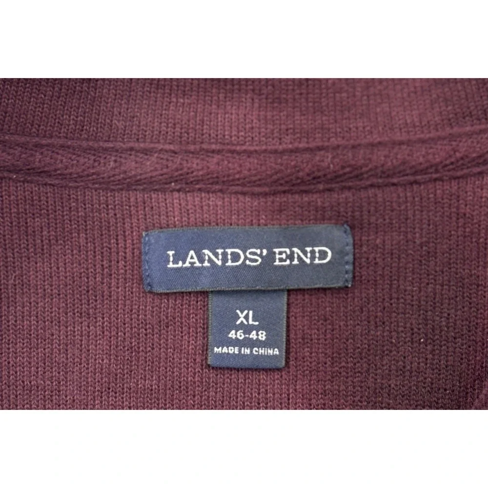 Lands End Mens XL Navy Blue‎ Cotton Quarter Zip Pullover Sweater Burgundy Trim